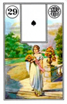 a tarot card with a woman holding a bouquet of flowers and a spade .