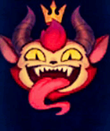 a cartoon monster with horns and a crown on top of it .