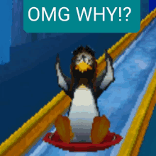 a penguin on a sled with the words " omg why ! " above it