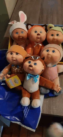 a group of cabbage patch kids are sitting on a blue bag