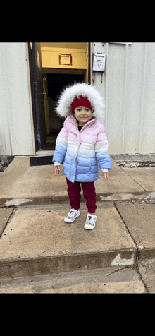 a little girl wearing a pink blue and white coat and a red hat