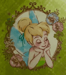 a drawing of tinkerbell with her eyes closed in a circle of flowers