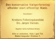 a card that says den konservative vælgerforening afholder stort offentligt mode