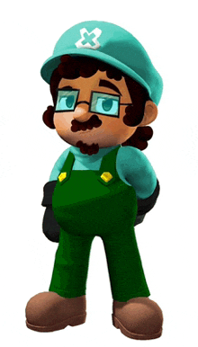 a cartoon character wearing green overalls and a blue hat with a white x on it