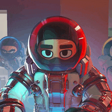 a cartoon drawing of a man in a space suit with a red helmet