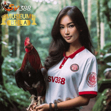 a woman holding a rooster wearing a white jersey with sv388 on it