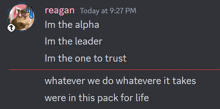 a screenshot of a conversation between reagan and someone named im the alpha