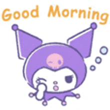 a purple and white cartoon character with a skull on his head and the words `` good morning '' written above it .