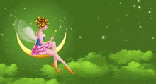 a fairy is sitting on a crescent moon and holding a wand