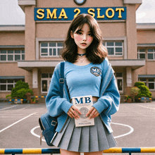 a girl holding a book in front of a sma 2 slot building