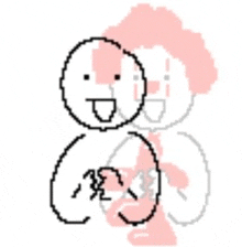 a pixel art drawing of a clown with a pink head and a white face .