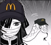 a black and white drawing of a woman wearing a mcdonalds hat