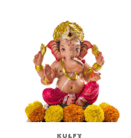 a statue of ganesha is surrounded by yellow and orange marigolds and the word kulfy is below it