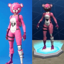 a pink teddy bear is standing next to a statue of a pink teddy bear in a video game .