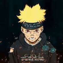 naruto is wearing a black hoodie and a bandana .