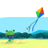 a frog is flying a kite in a field with trees in the background