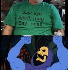 a man in a green shirt that says say eye spell map say ness