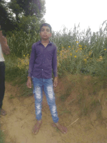 a young boy in a purple shirt and blue jeans stands in front of a field