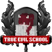 a logo for true evil school with a minecraft character in the center