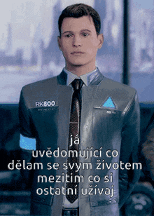 a man in a suit and tie with the name rk800 on his chest