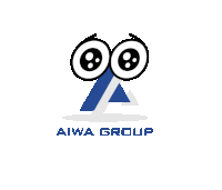 a logo for aiwa group with a blue triangle and a pair of googly eyes