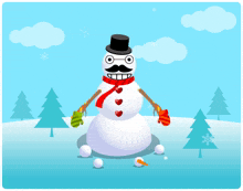 a snowman wearing a top hat and scarf with hearts on it