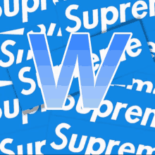 a stack of blue supreme stickers with the letter w on top