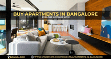 an advertisement for buy apartments in bangalore shows a living room