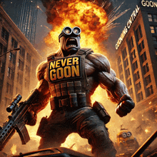 a cartoon character with a vest that says never goon on it