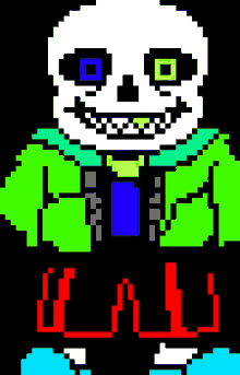 a pixel art drawing of a skeleton wearing a colorful jacket and pants