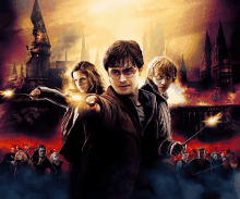 a movie poster for harry potter and the deathly hallows with a castle in the background