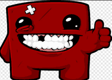 a red cartoon character with a white cross on its head gives a thumbs up