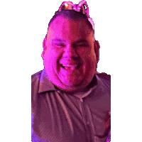 a fat man wearing a purple shirt and a crown on his head