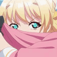 a blonde anime girl with blue eyes and a pink scarf around her face .