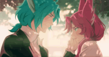 a boy with blue hair and a girl with pink hair touching each other 's faces