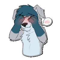 a drawing of a blue and gray furry animal covering his eyes