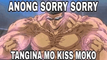 a muscular man is standing in front of a sign that says `` among sorry sorry tangina mo kiss koko '' .