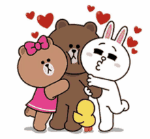 a brown bear a white rabbit and a duck are hugging each other