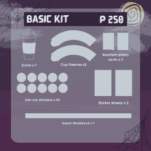 a basic kit for p 250 includes die-cut stickers cup sleeves and sticker sheets