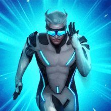 a man in a futuristic suit and sunglasses is running in the air