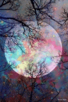 a painting of a colorful full moon with trees in the foreground