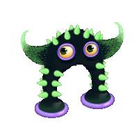 a black monster with green horns and purple legs