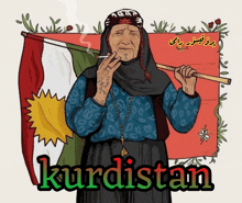 a drawing of a woman smoking a cigarette and holding a flag with the word kurdistan on it