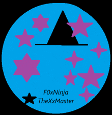 a blue circle with pink and purple stars and the name foxninja on it