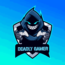 a logo for deadly gamer with a hooded figure holding a video game controller