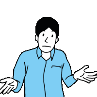 a man in a blue shirt is shrugging his shoulders and has a l on his face