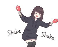 a girl in a black hoodie is holding a pair of maracas and the words shake are next to her