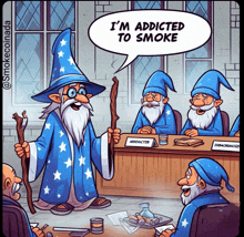 a cartoon of a wizard talking about smoking