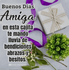 a picture of flowers and a gift box with the words buenos dias amiga