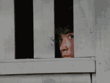 a man is peeking out of a wooden window